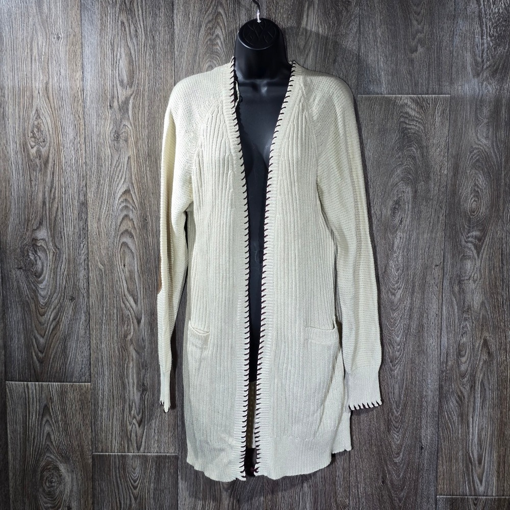 Revelation Cream Knit Cardigan‎ Sweater Elbow Patches Pockets Long Sleeve Size L